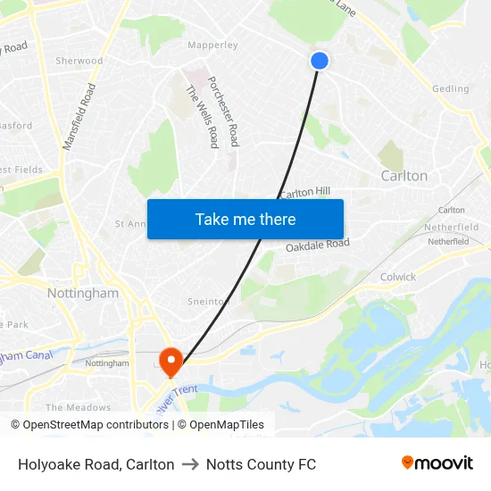 Holyoake Road, Carlton to Notts County FC map