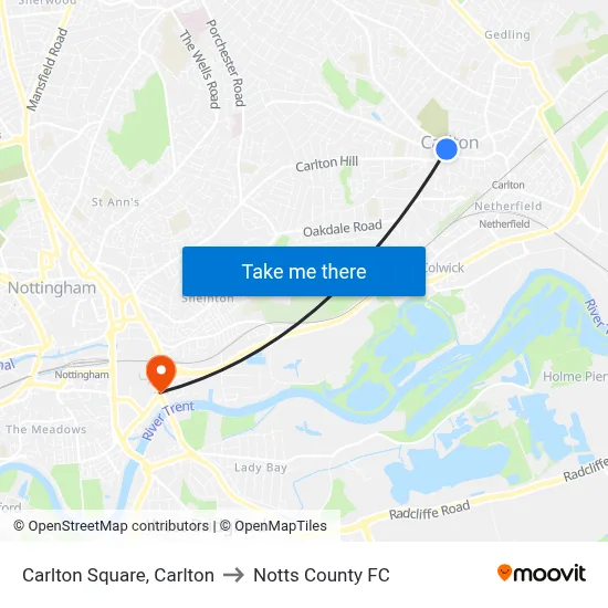 Carlton Square, Carlton to Notts County FC map