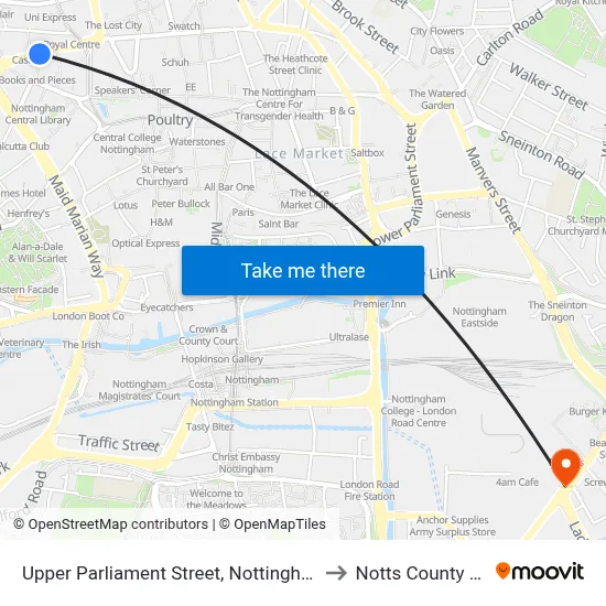 Upper Parliament Street, Nottingham to Notts County FC map