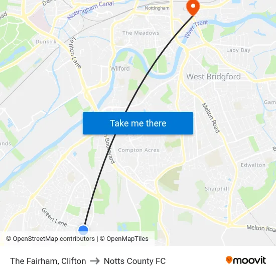 The Fairham, Clifton to Notts County FC map