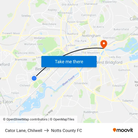 Cator Lane, Chilwell to Notts County FC map