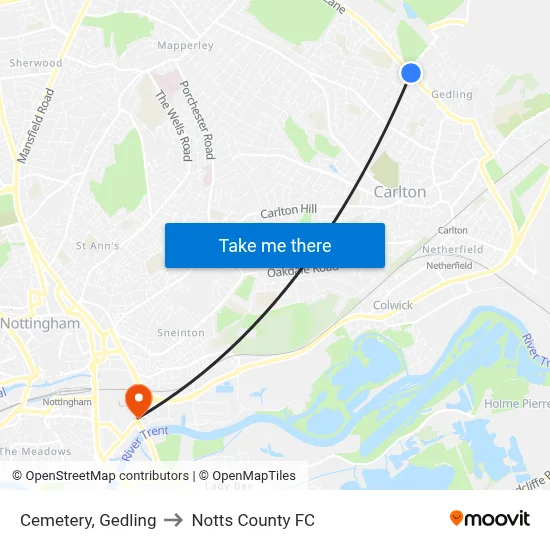 Cemetery, Gedling to Notts County FC map