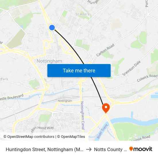 Huntingdon Street, Nottingham (Ma03) to Notts County FC map