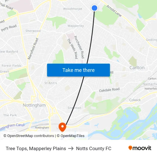 Tree Tops, Mapperley Plains to Notts County FC map