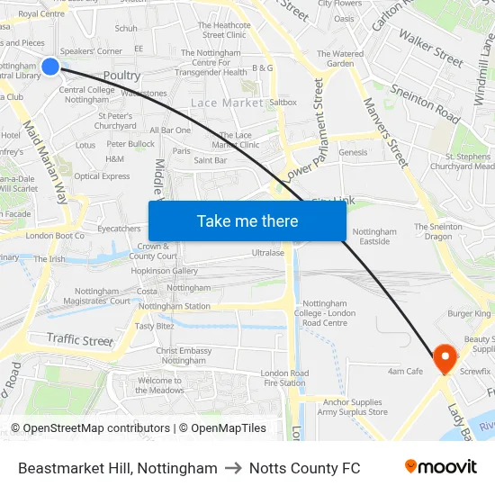 Beastmarket Hill, Nottingham to Notts County FC map