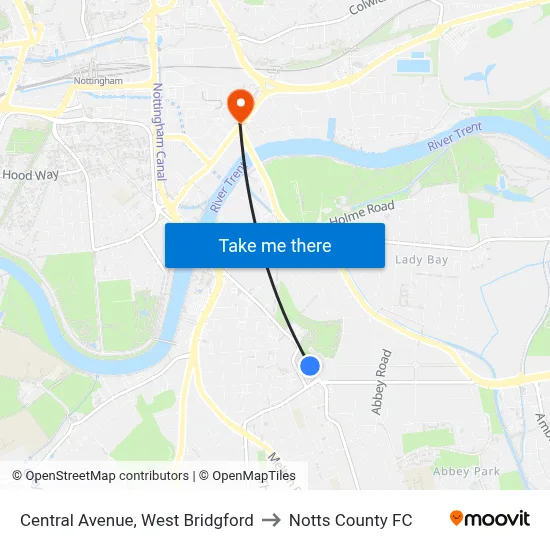 Central Avenue, West Bridgford to Notts County FC map