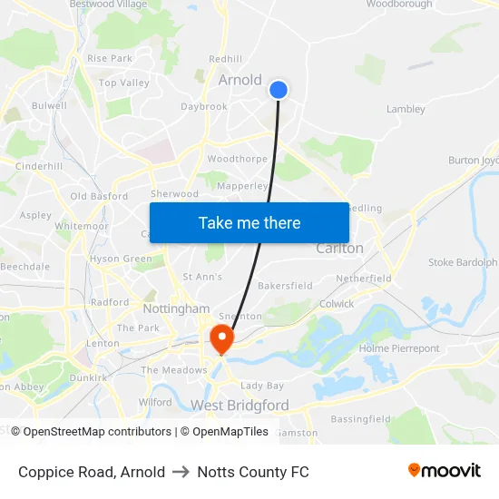 Coppice Road, Arnold to Notts County FC map