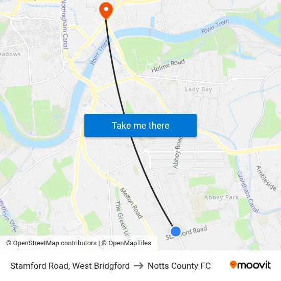 Stamford Road, West Bridgford to Notts County FC map