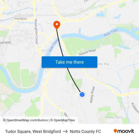 Tudor Square, West Bridgford to Notts County FC map