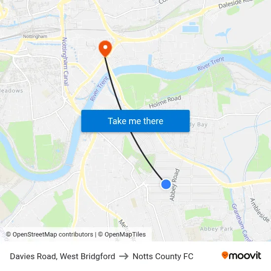 Davies Road, West Bridgford to Notts County FC map