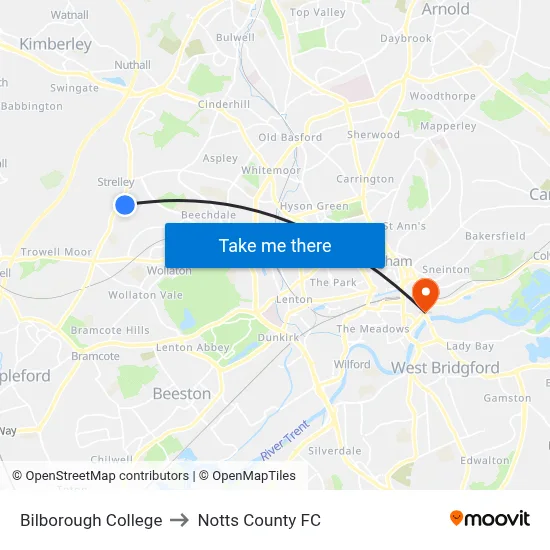 Bilborough College to Notts County FC map