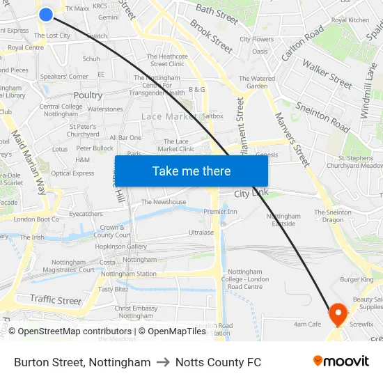 Burton Street, Nottingham to Notts County FC map