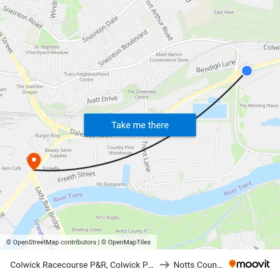Colwick Racecourse P&R, Colwick Park (Ck27) to Notts County FC map
