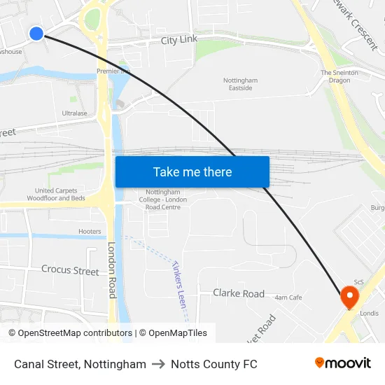 Canal Street, Nottingham to Notts County FC map
