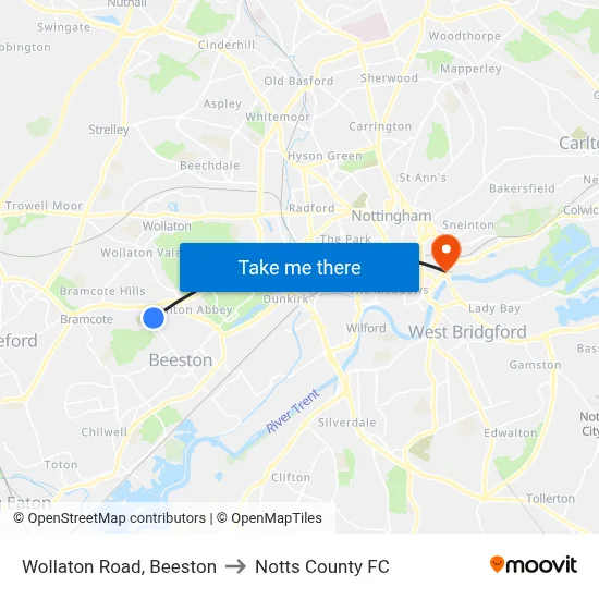 Wollaton Road, Beeston to Notts County FC map