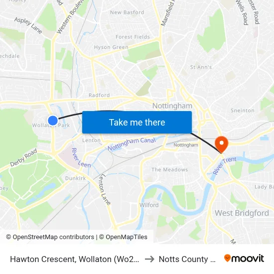 Hawton Crescent, Wollaton (Wo27) to Notts County FC map