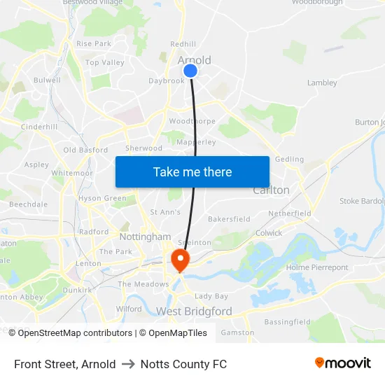Front Street, Arnold to Notts County FC map