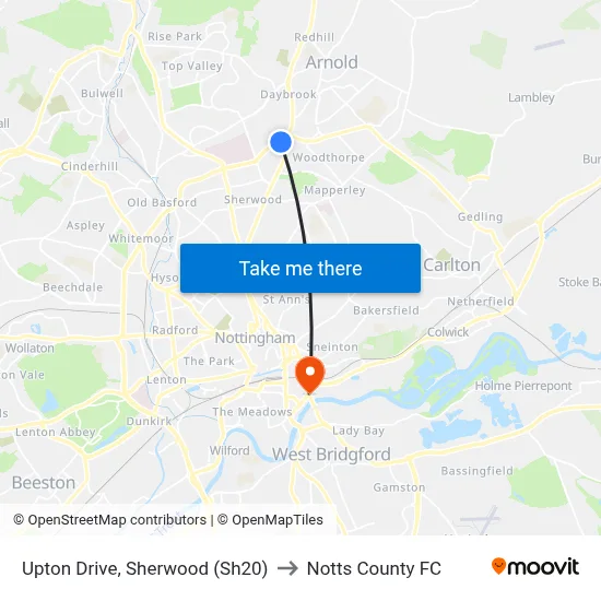 Upton Drive, Sherwood (Sh20) to Notts County FC map