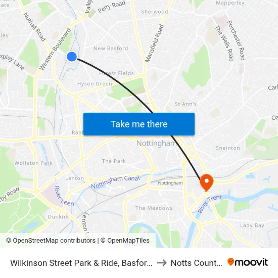 Wilkinson Street Park & Ride, Basford (Ba84) to Notts County FC map