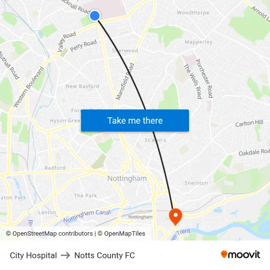 City Hospital to Notts County FC map