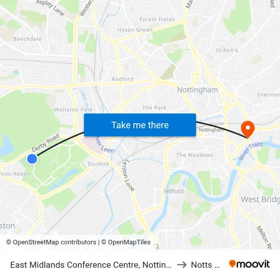 East Midlands Conference Centre, Nottingham University Main Campus (Un44) to Notts County FC map