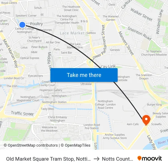 Old Market Square Tram Stop, Nottingham to Notts County FC map