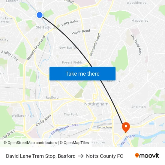 David Lane Tram Stop, Basford to Notts County FC map