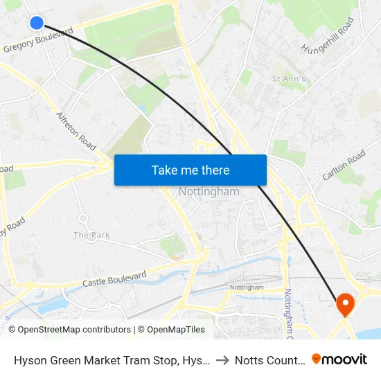 Hyson Green Market Tram Stop, Hyson Green to Notts County FC map
