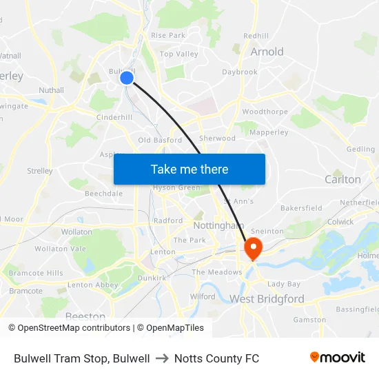 Bulwell Tram Stop, Bulwell to Notts County FC map
