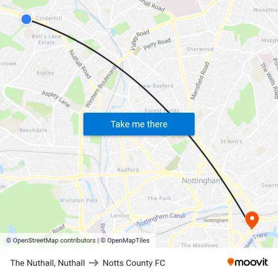 The Nuthall, Nuthall to Notts County FC map