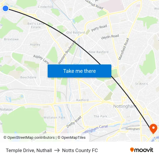 Temple Drive, Nuthall to Notts County FC map