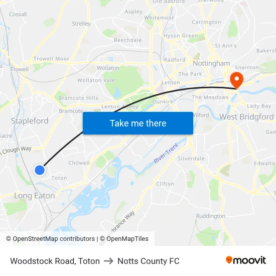 Woodstock Road, Toton to Notts County FC map