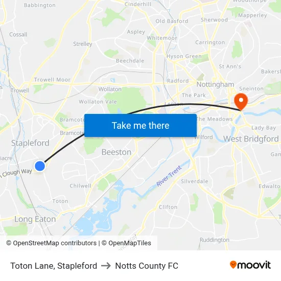 Toton Lane, Stapleford to Notts County FC map
