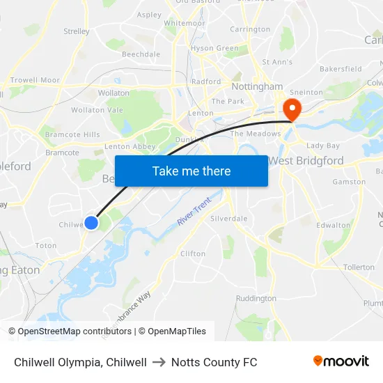 Chilwell Olympia, Chilwell to Notts County FC map