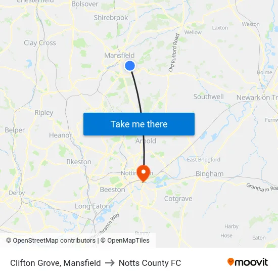 Clifton Grove, Mansfield to Notts County FC map