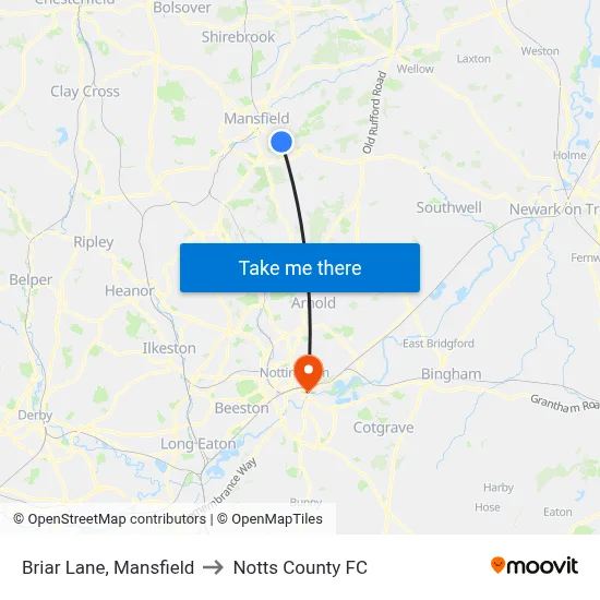 Briar Lane, Mansfield to Notts County FC map