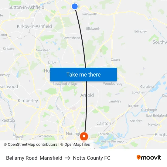 Bellamy Road, Mansfield to Notts County FC map