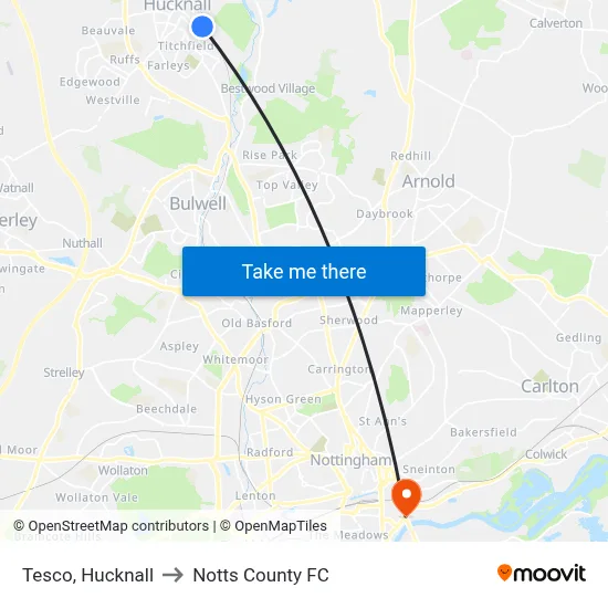 Tesco, Hucknall to Notts County FC map