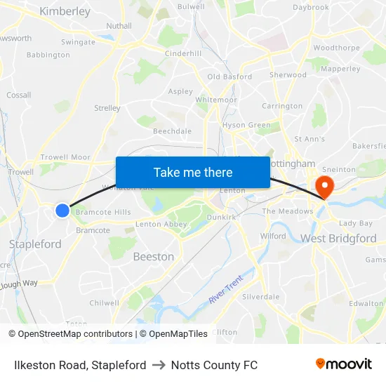 Ilkeston Road, Stapleford to Notts County FC map