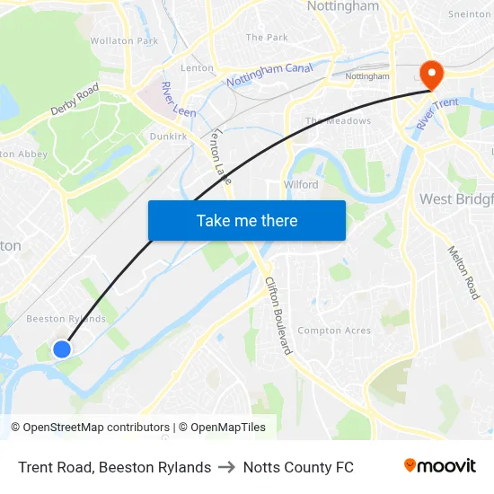 Trent Road, Beeston Rylands to Notts County FC map