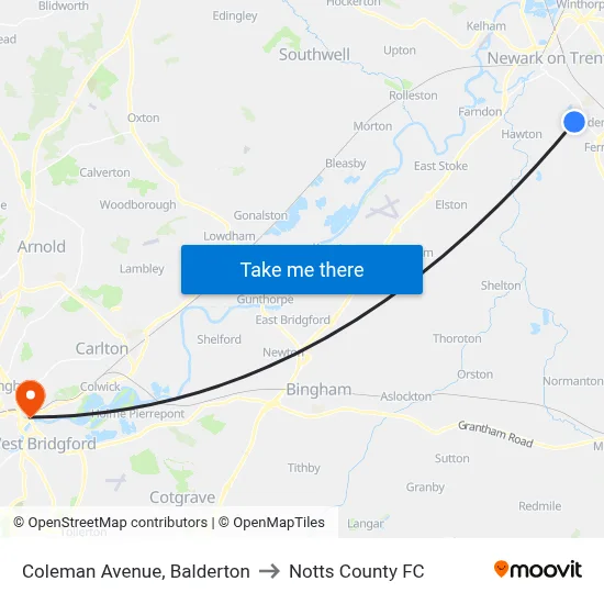 Coleman Avenue, Balderton to Notts County FC map