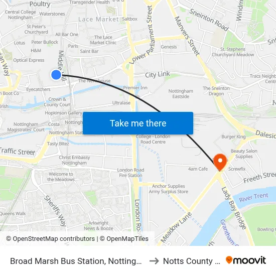 Broad Marsh Bus Station, Nottingham to Notts County FC map