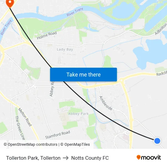 Tollerton Park, Tollerton to Notts County FC map