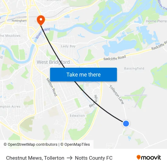 Chestnut Mews, Tollerton to Notts County FC map