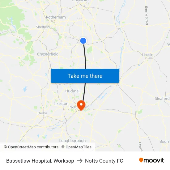 Bassetlaw Hospital, Worksop to Notts County FC map