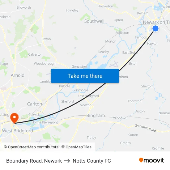 Boundary Road, Newark to Notts County FC map