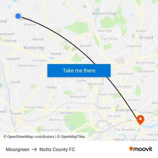 Moorgreen to Notts County FC map