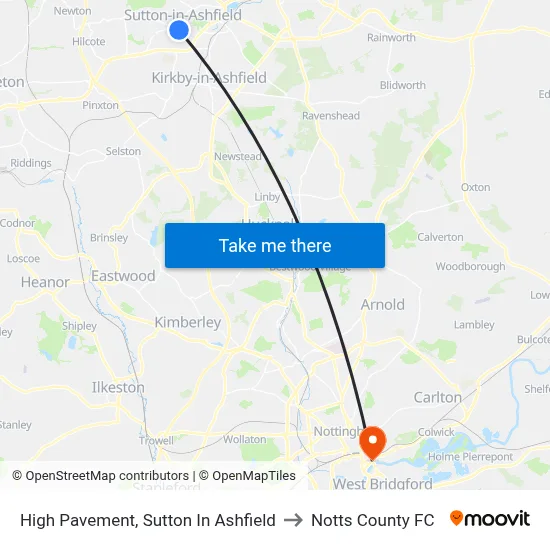 High Pavement, Sutton In Ashfield to Notts County FC map