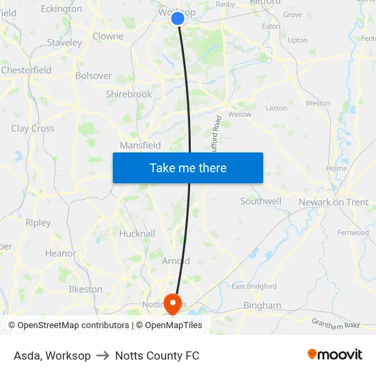 Asda, Worksop to Notts County FC map
