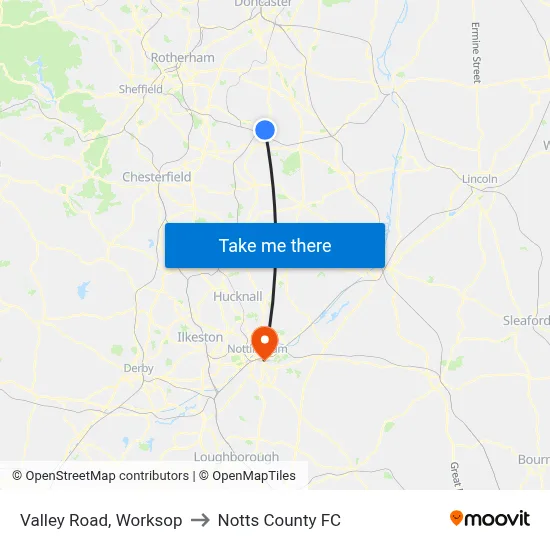Valley Road, Worksop to Notts County FC map
